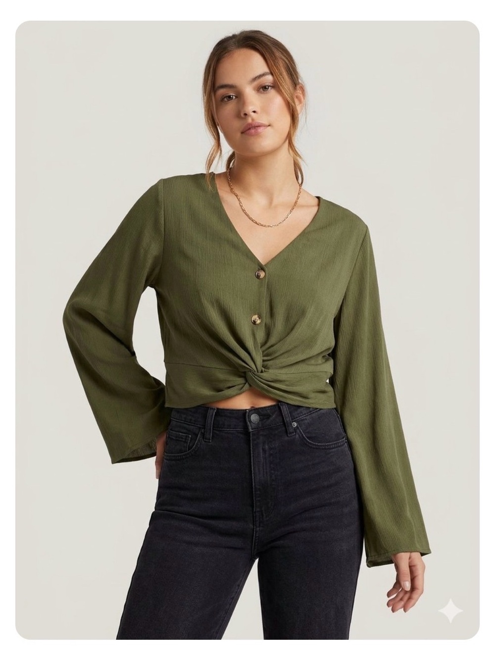 Twist-Front V-Neck Long Flared -Sleeve Top - 2 wooden look buttons-Olive Green M